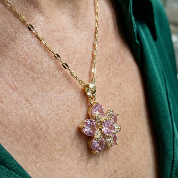 Cora Pink Flower Necklace | Gold-Tone — image 2