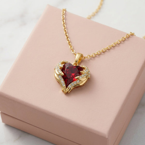 Marina Red Angel Heart Necklace | Gold-Tone