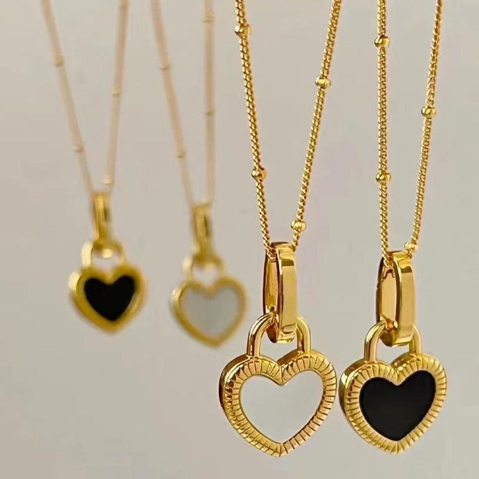 Eleanor Black and White Heart Necklace | Gold-Tone