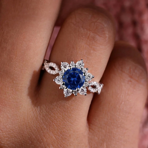 Emilia Blue Flower Ring | Silver-Tone