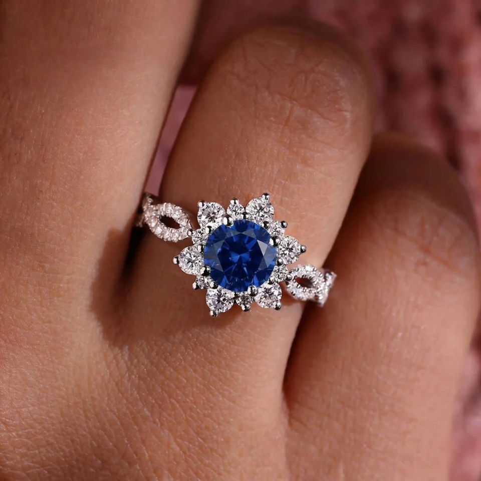 Emilia Blue Flower Ring | Silver-Tone