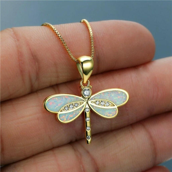 Rose Dragonfly Gold-Tone Opal-Effect Necklace