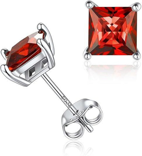 Paula Minimal Princess-Cut Red Stud Earrings | Silver-Tone — image 2