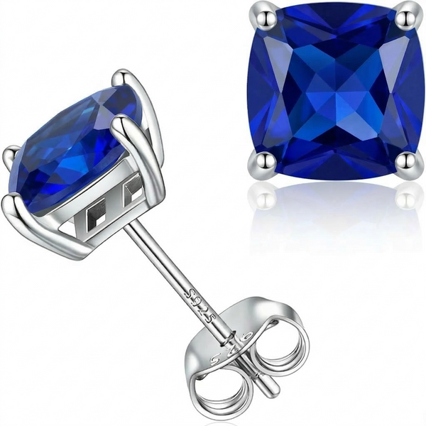 Bernadette Minimal Princess-Cut Blue Stud Earrings | Silver-Tone — image 2