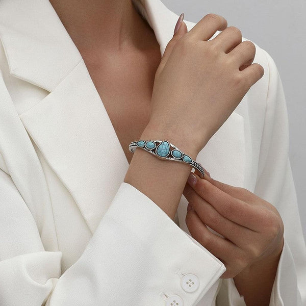 Arabella Open Turquoise-Color Teardrop Bangle | Silver-Tone — image 3