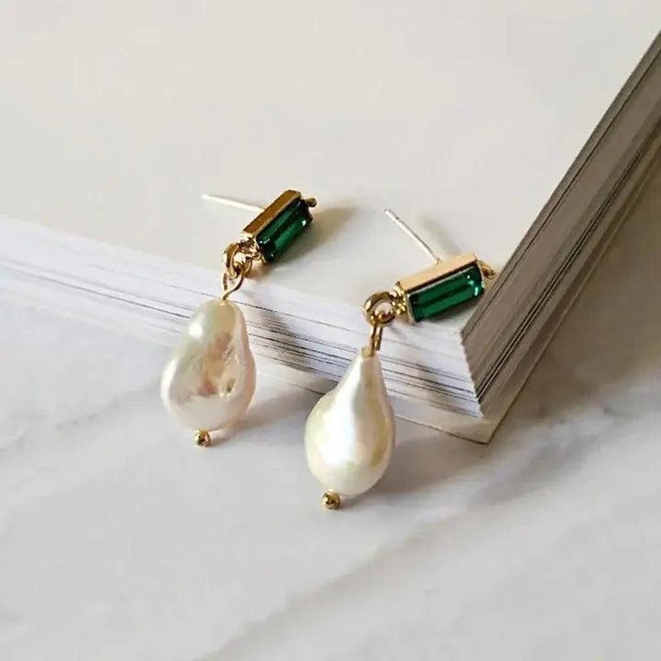 Fern Pearl-Look and Green Accent Earrings | Gold-Tone