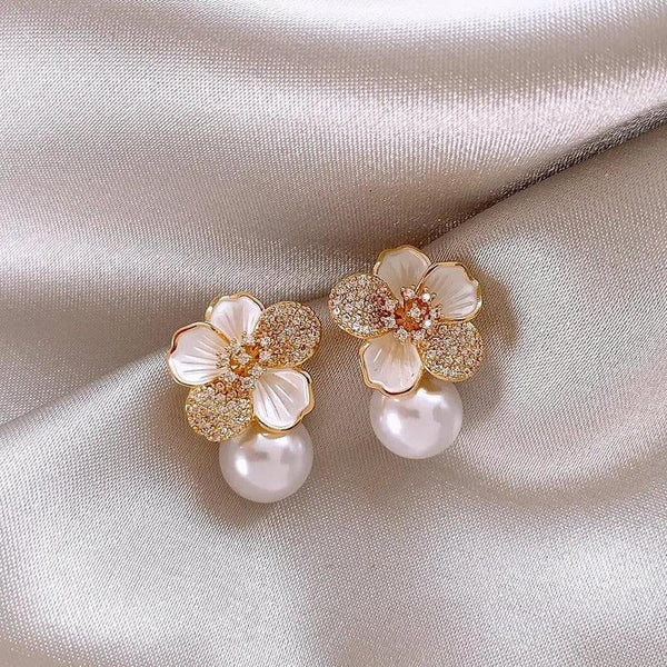 Belinda White Camellia and Daisy Drop Earrings - image 1