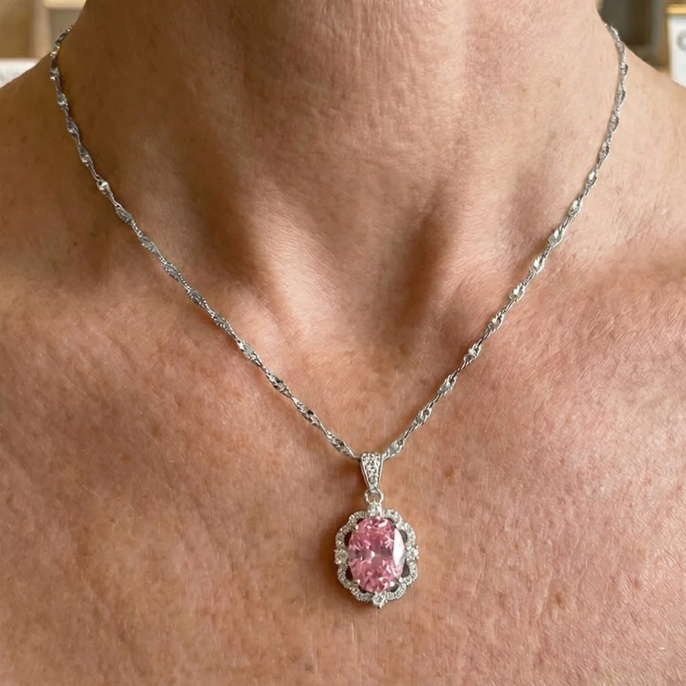 Lucia Oval Rose Halo Necklace | Silver-Tone — image 2