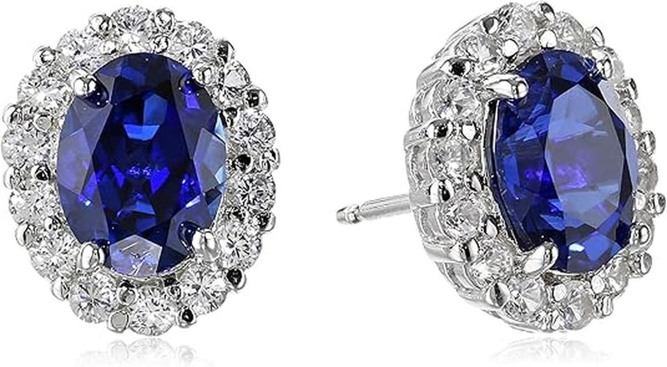 Emily Oval Blue Halo Stud Earrings | Silver-Tone — image 2