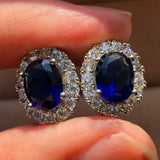 Emily Oval Blue Halo Stud Earrings | Silver-Tone — image 3