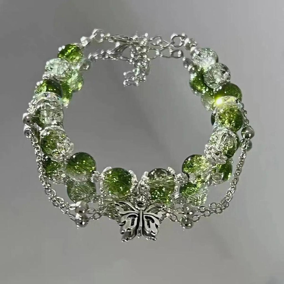 Esther Retro Silver-Tone Butterfly and Green Bead Bracelet