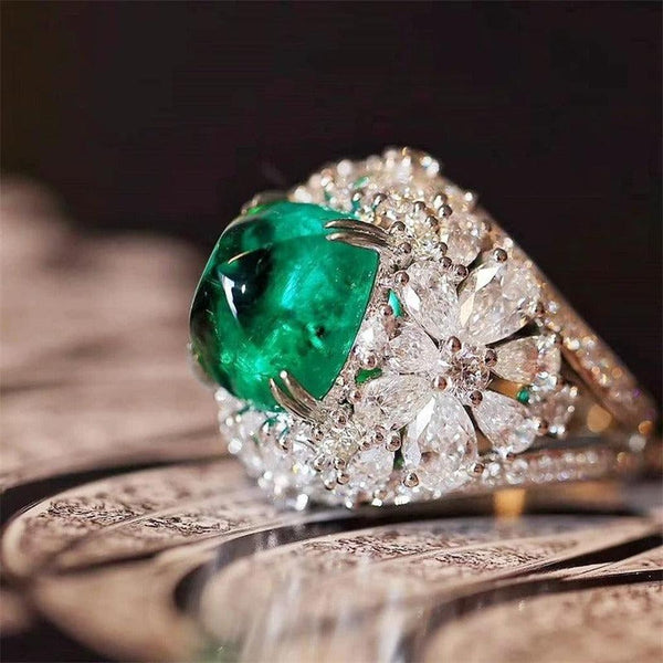 Virginia Retro Floral Ring with Green Stone and Sparkle - image 1