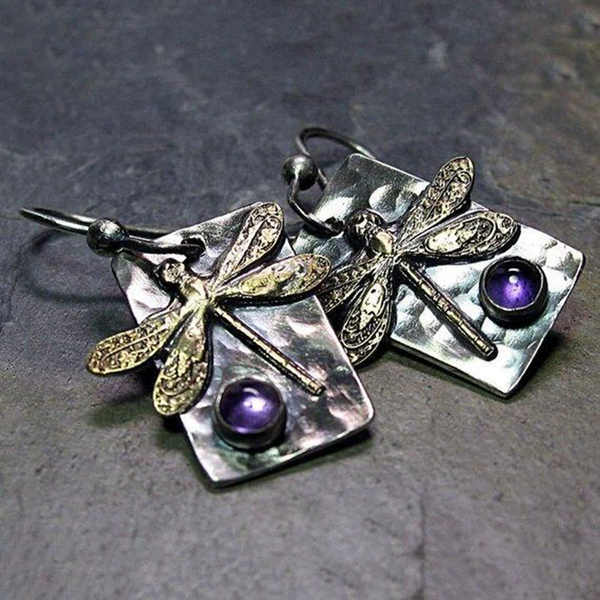 Rosalie Retro Dragonfly Purple Sparkle Earrings - image 1