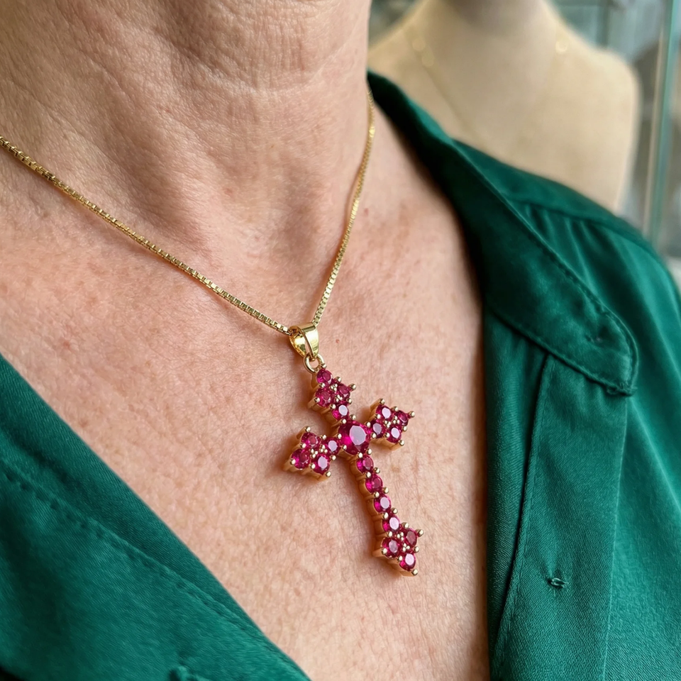Lorraine Pink Cluster Cross Necklace | Gold-Tone — image 2