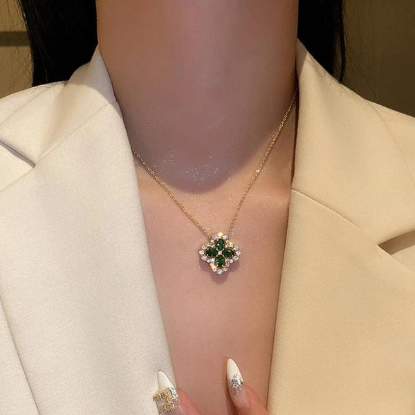 Adeline Emerald-Green Clover Necklace | Gold-Tone