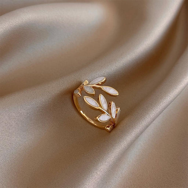 Maude Adjustable White Opal-Look Leaf Ring | Gold-Tone