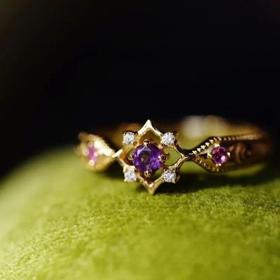 Norah Adjustable Retro Geometric Purple Ring | Gold-Tone