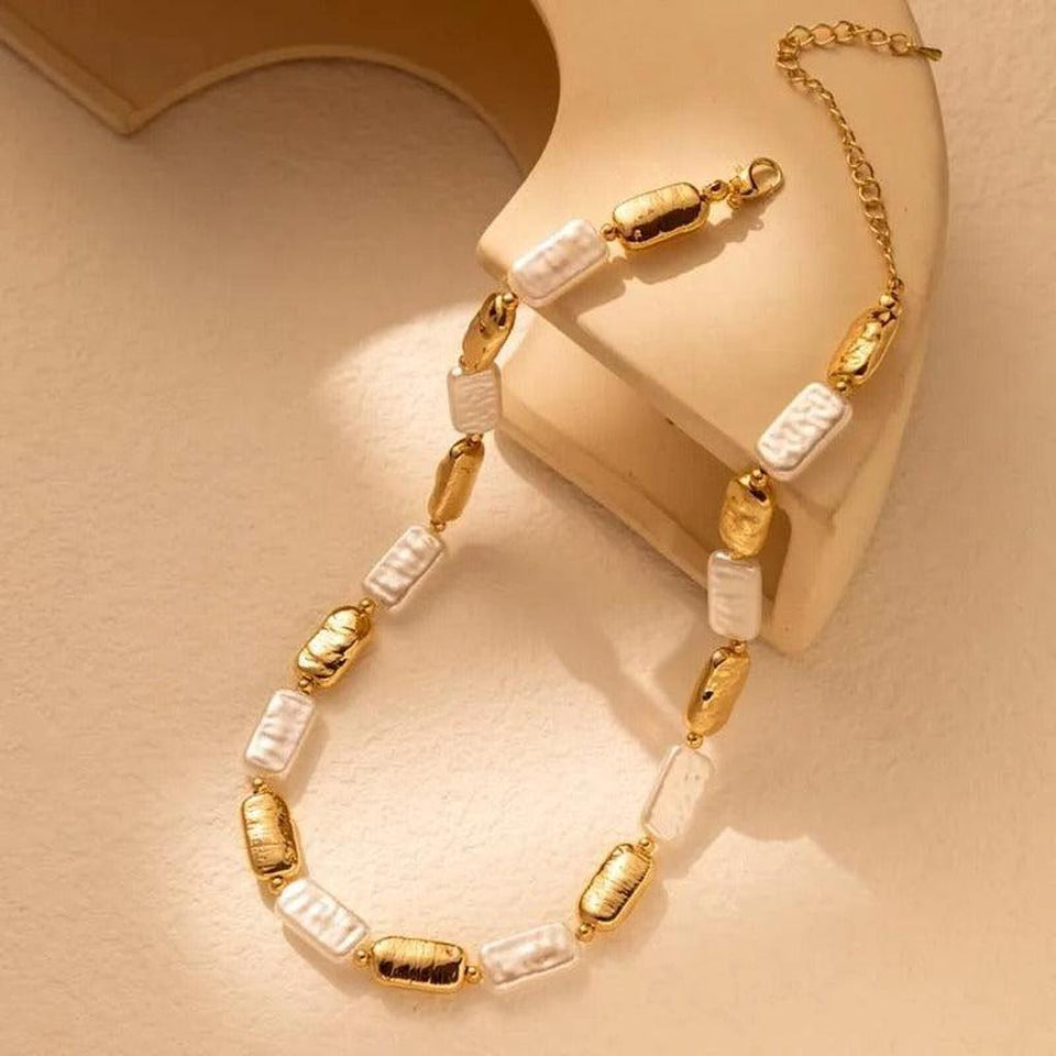 Clarissa Gold-Tone and White Rectangular Bead Necklace