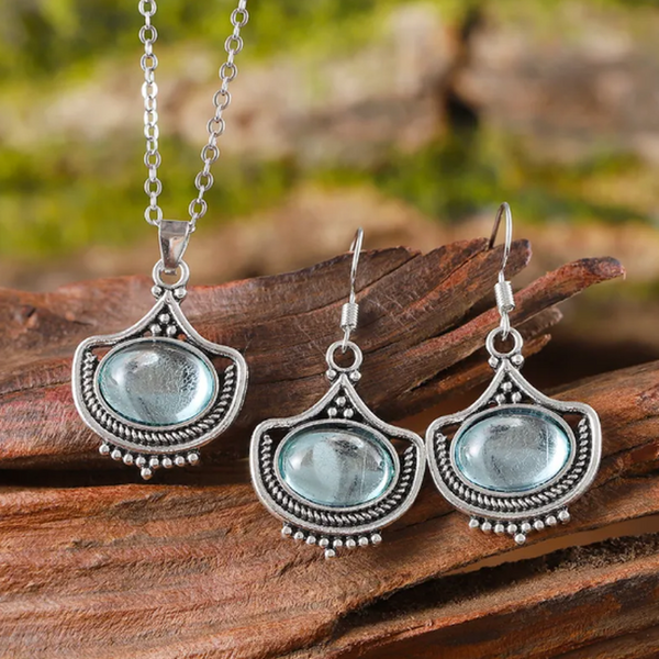 Grace Vintage-Style Oval Blue Necklace or Earrings