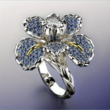 Martha Ring with Blue Flowers and Sparkle | Silver-Tone