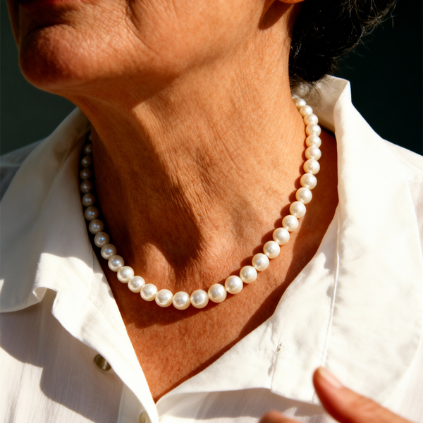 Fern Round White Bead Necklace worn around the neck