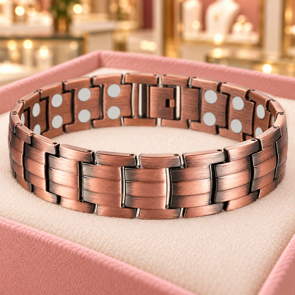 Close-up of the Clara Chain Bracelet in copper tone on the ivory insert of an Audrey Roman Jewels box.
