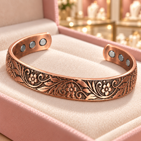 Close-up of the Florence Vine Bracelet in copper tone on the ivory insert of an Audrey Roman Jewels box.