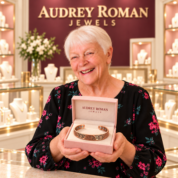A white-haired woman presents the Florence Vine Bracelet in an Audrey Roman Jewels box inside the rose and ivory boutique.
