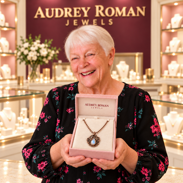A white-haired woman presents the Clara Necklace in an Audrey Roman Jewels box inside the rose and ivory boutique.