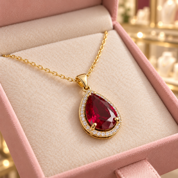 Julia Red Teardrop Pendant Necklace (gold-tone) in a close detail view inside the Audrey boutique.