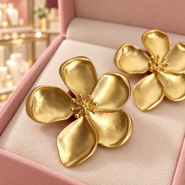 Close-up of the five cupped petals and central stamens of a Cassandra gold-tone flower earring on the boutique presentation insert.