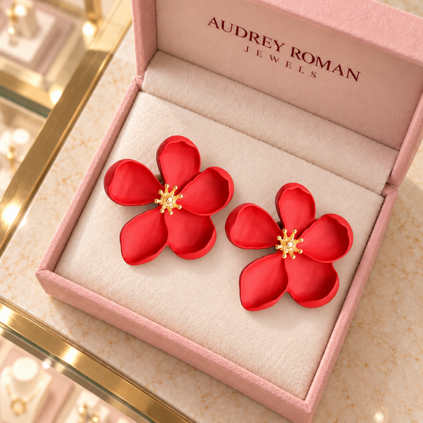 Overhead view of Cassandra red flower earrings in the Audrey Roman Jewels box on the boutique counter.