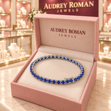 Rosamund Blue Tennis Bracelet | Silver-Tone in an Audrey Roman Jewels presentation box.