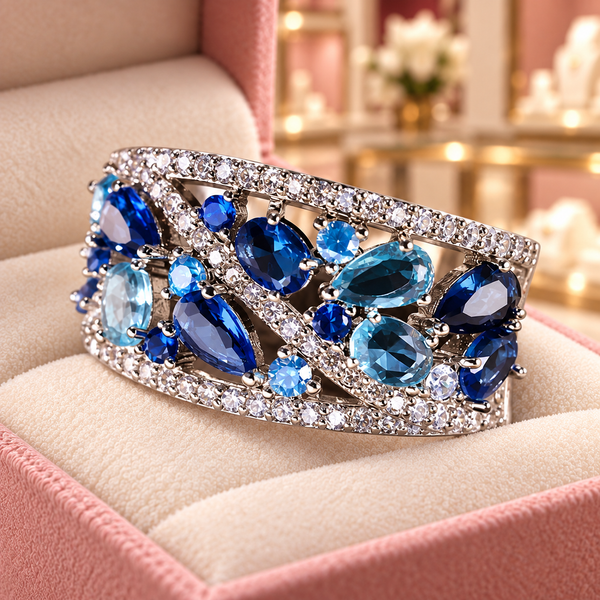 Sarah Vintage Blue Accent Ring | Silver-Tone close-up detail in the Audrey boutique.
