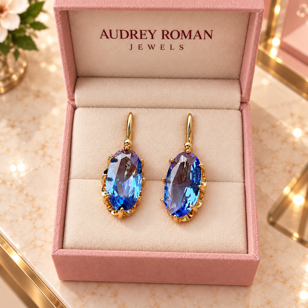 Teresa Blue Blossom Earrings | Gold-Tone viewed from above in its Audrey presentation box.