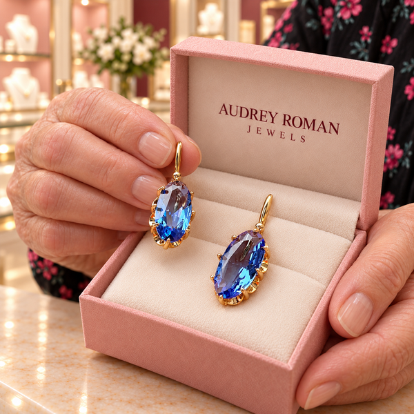 Teresa Blue Blossom Earrings | Gold-Tone shown close up in the Audrey boutique.