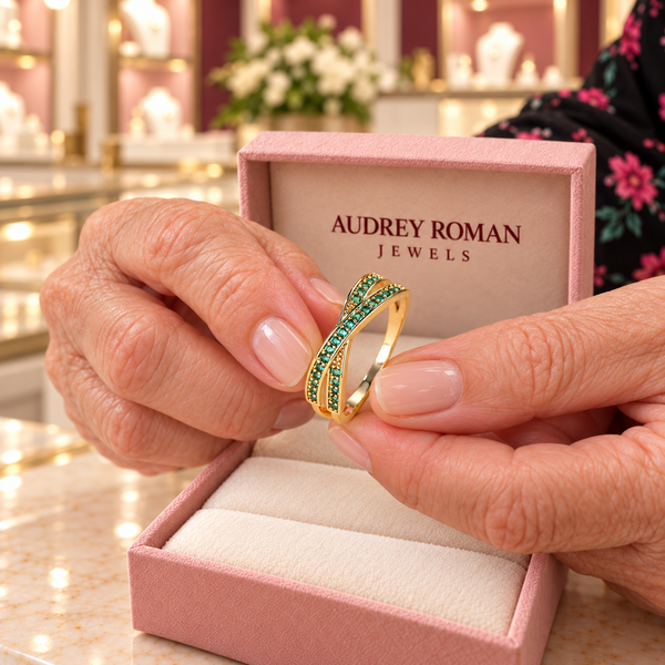 Sylvie Green Flow Ring presented close up in the Audrey boutique.