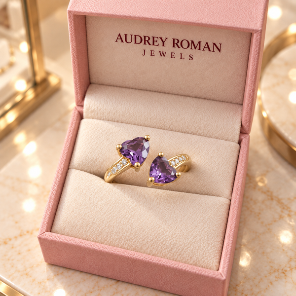 Lily Purple Heart Wrap Ring | Gold-Tone viewed from above in the Audrey boutique.