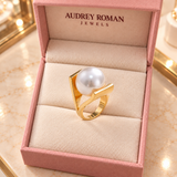 Caroline Retro Pearl-Look Ring | Gold-Tone viewed from above in the Audrey boutique.