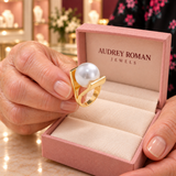 Caroline Retro Pearl-Look Ring | Gold-Tone presented close up in the Audrey boutique.