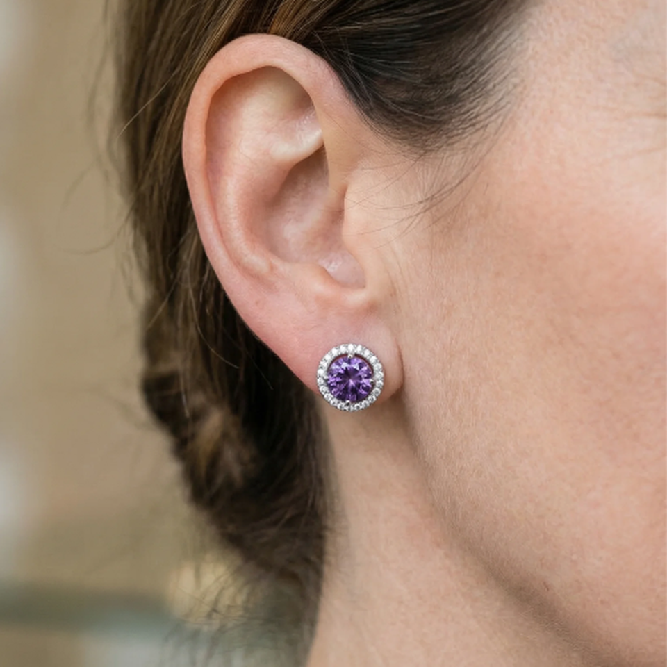 Sarah Purple Round Pavé Earrings | Silver-Tone — image 2
