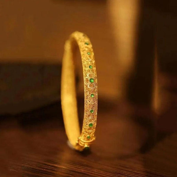 Annalise Green Accent Floral Cuff Bracelet | Gold-Tone