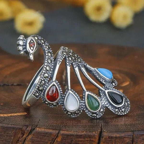 Gabrielle Multicolor Stone Peacock Ring | Silver-Tone