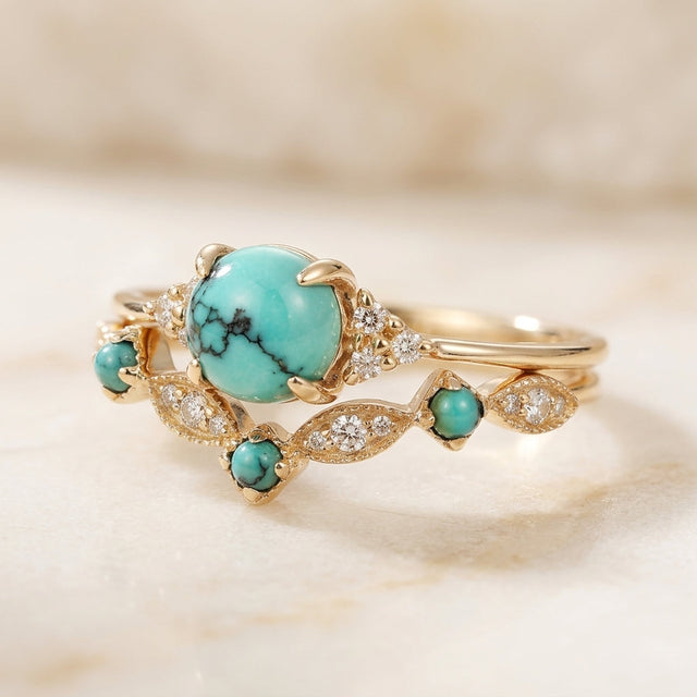 Estelle Turquoise-Color Crown Ring Set | Gold-Tone