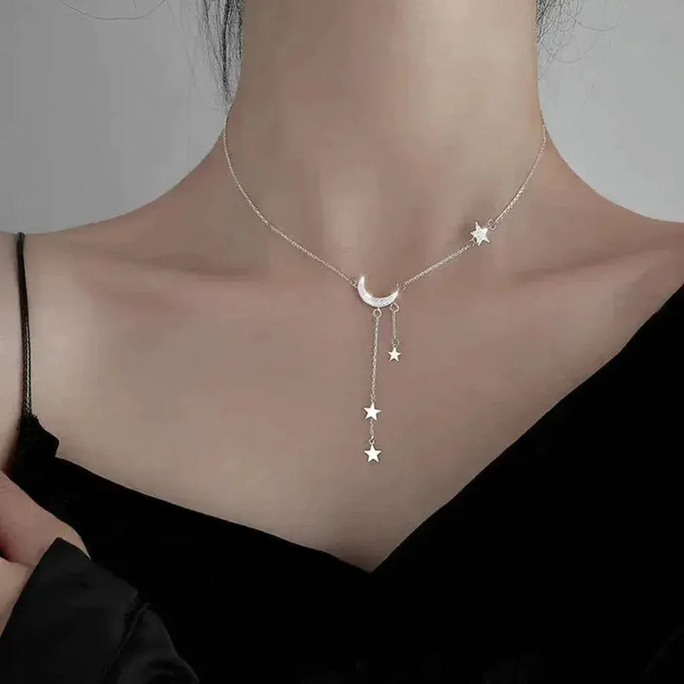 Rose Moon and Stars Necklace | Silver-Tone