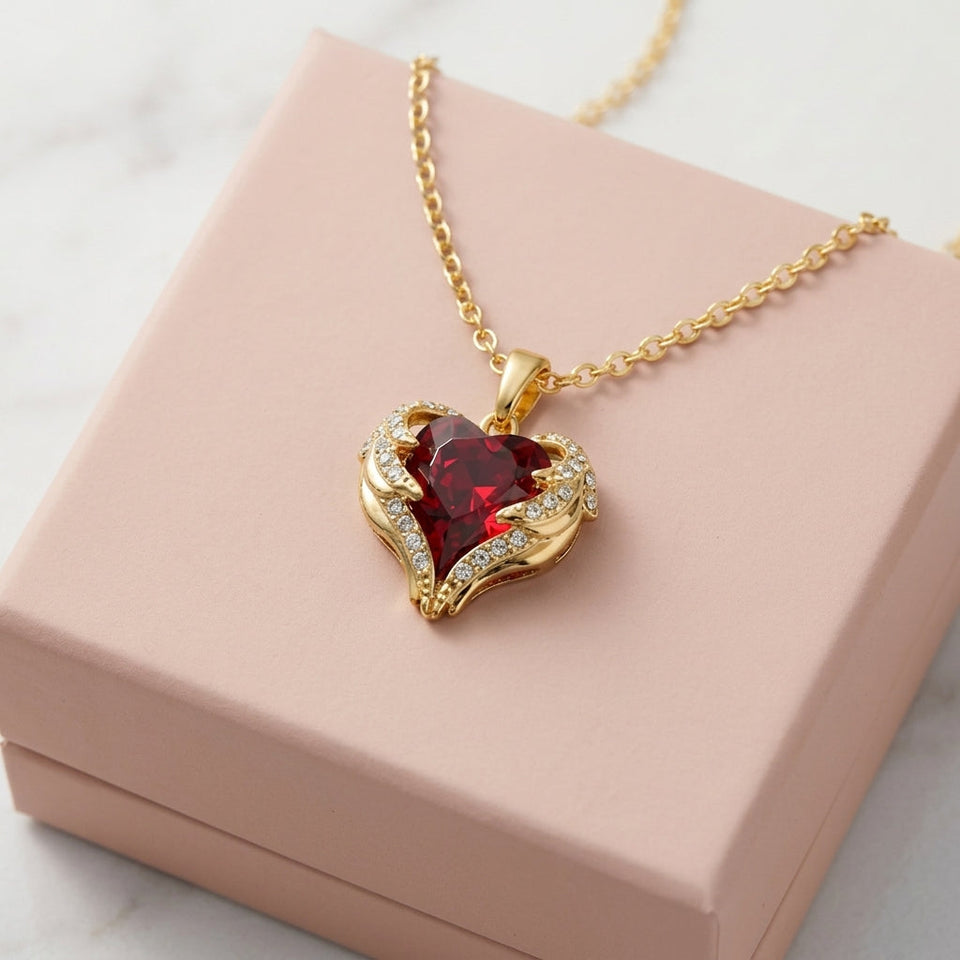 Marina Red Angel Heart Necklace | Gold-Tone