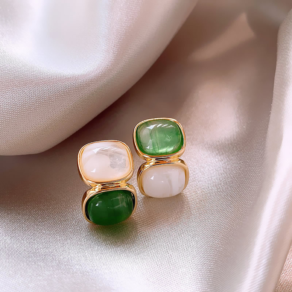 Heather Drop Earrings with White and Green Stones | Gold-Tone