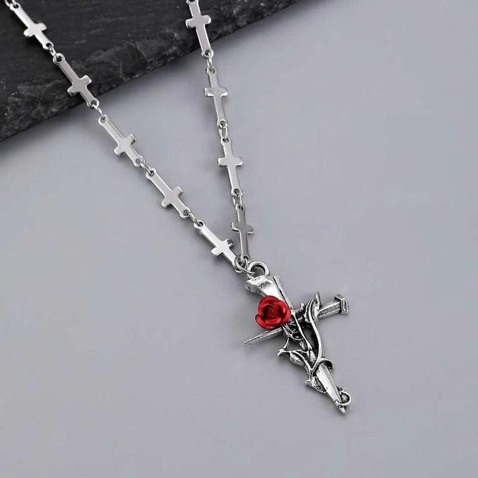 Jacqueline Red Rose Cross Pendant | Silver-Tone