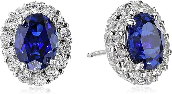 Emily Oval Blue Halo Stud Earrings | Silver-Tone — image 2