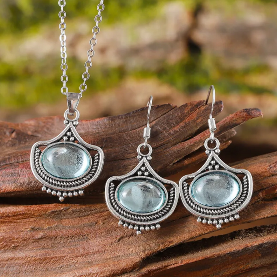 Iris Retro Blue Oval Necklace or Earrings